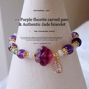 - - Purple fluorite carved paw & Amethyst & Authentic Jade bracelet